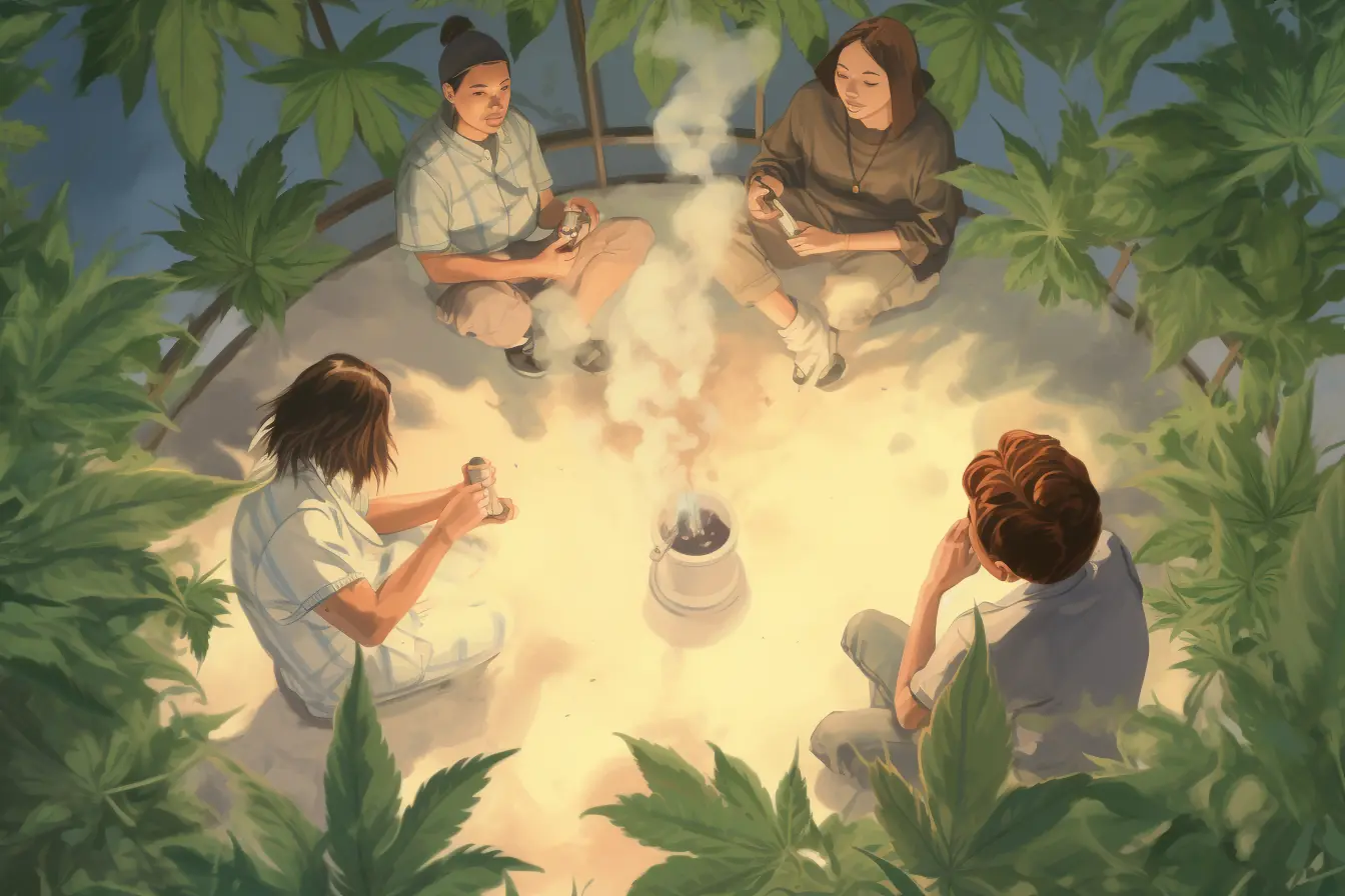 Ein fröhlicher Cannabis Social Club in Erfurt, in dem sich eine Runde von Freunden um einen runden Tisch mit Hanfblatt-Motiv versammelt hat. Eine Gruppe aus Mitgliedern des Cannabis Social Club in Erfurtzusammen im Kreis um Marihuanablätter vereint