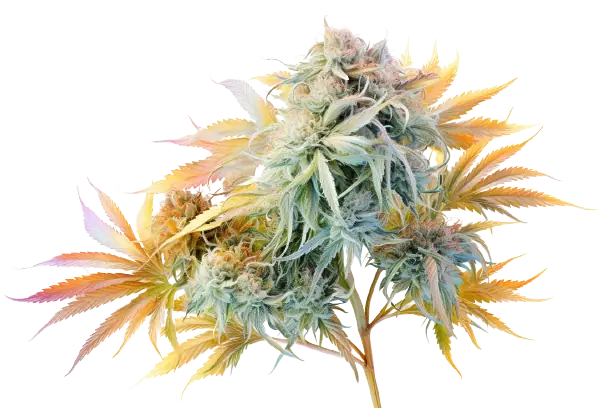 Eine Blüte und Blätter von einer Pflanze, die Cannabis heißt, sind zu sehen. Man sieht eine Pflanze mit bunten Blüten, die zu der Gattung Cannabis gehört.