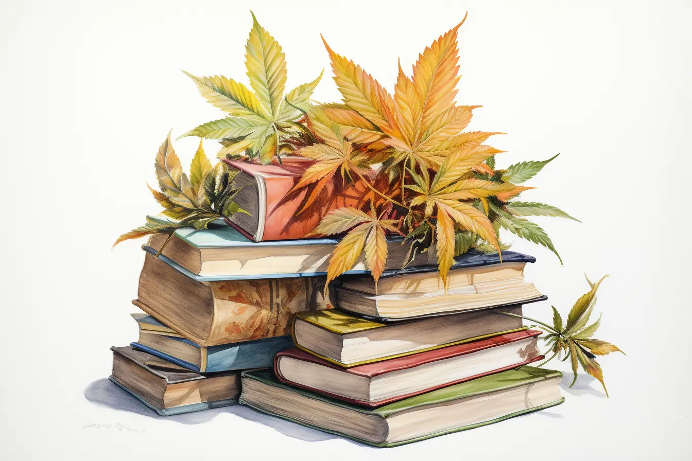 Sanfte Farben umgeben Cannabisblätter und Bücher Auf einem Haufen von Büchern liegen einige grüne Blätter, die zu einer Pflanze gehören, die Cannabis genannt wird.