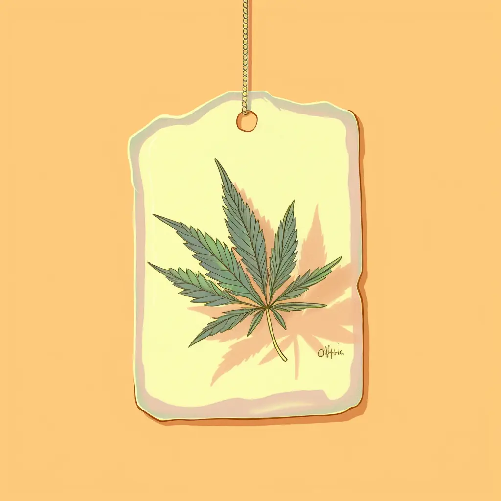 Ein Cannabisblatt in sanften Farben neben einem Preisetikett Ein Etikett mit einem dekorativen Cannabisblatt in Pastellfarben, das für den geselligen Cannabis-Social-Club in Erfurt gedacht ist