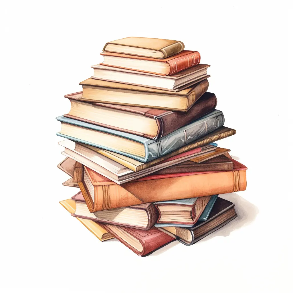 Eine halbrealistische Zeichnung zeigt einen Haufen Bücher in zarten Farben. Eine halbrealistische Zeichnung zeigt einen Haufen Bücher in zarten Farben.