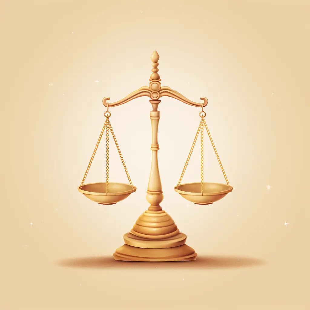 Ein Symbol für Recht, das eine Waage in hellen Farben zeigt. Auf einem beigen Hintergrund ist eine Waage der Gerechtigkeit in Gold zu sehen.