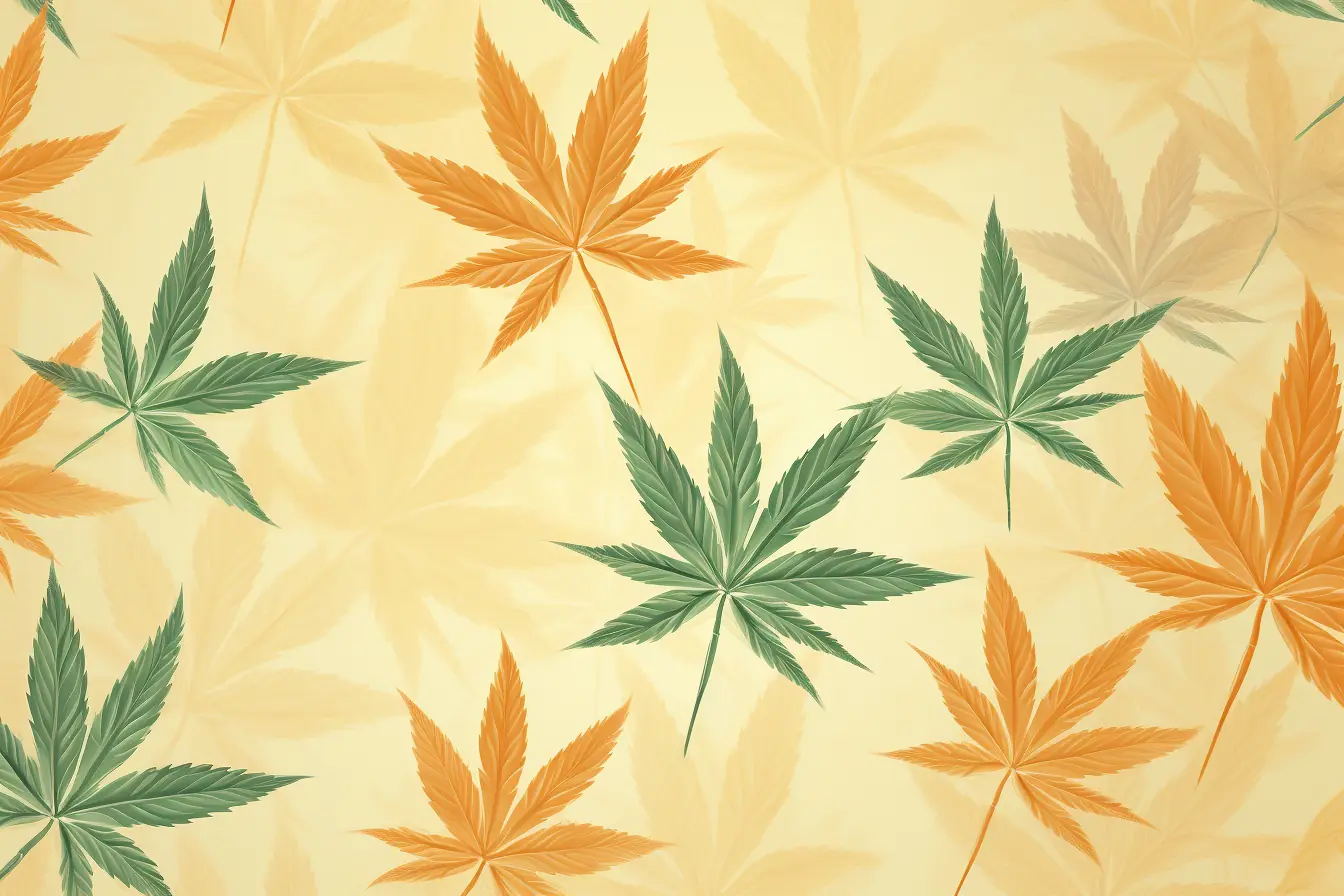 Zarte Cannabisblätter in verschiedenen Farbnuancen auf einem hellen Hintergrund Ein stimmungsvolles Hintergrundbild mit Cannabisblättern in sanften Tönen, das für einen gemütlichen Cannabis Social Club in Erfurt entworfen wurde